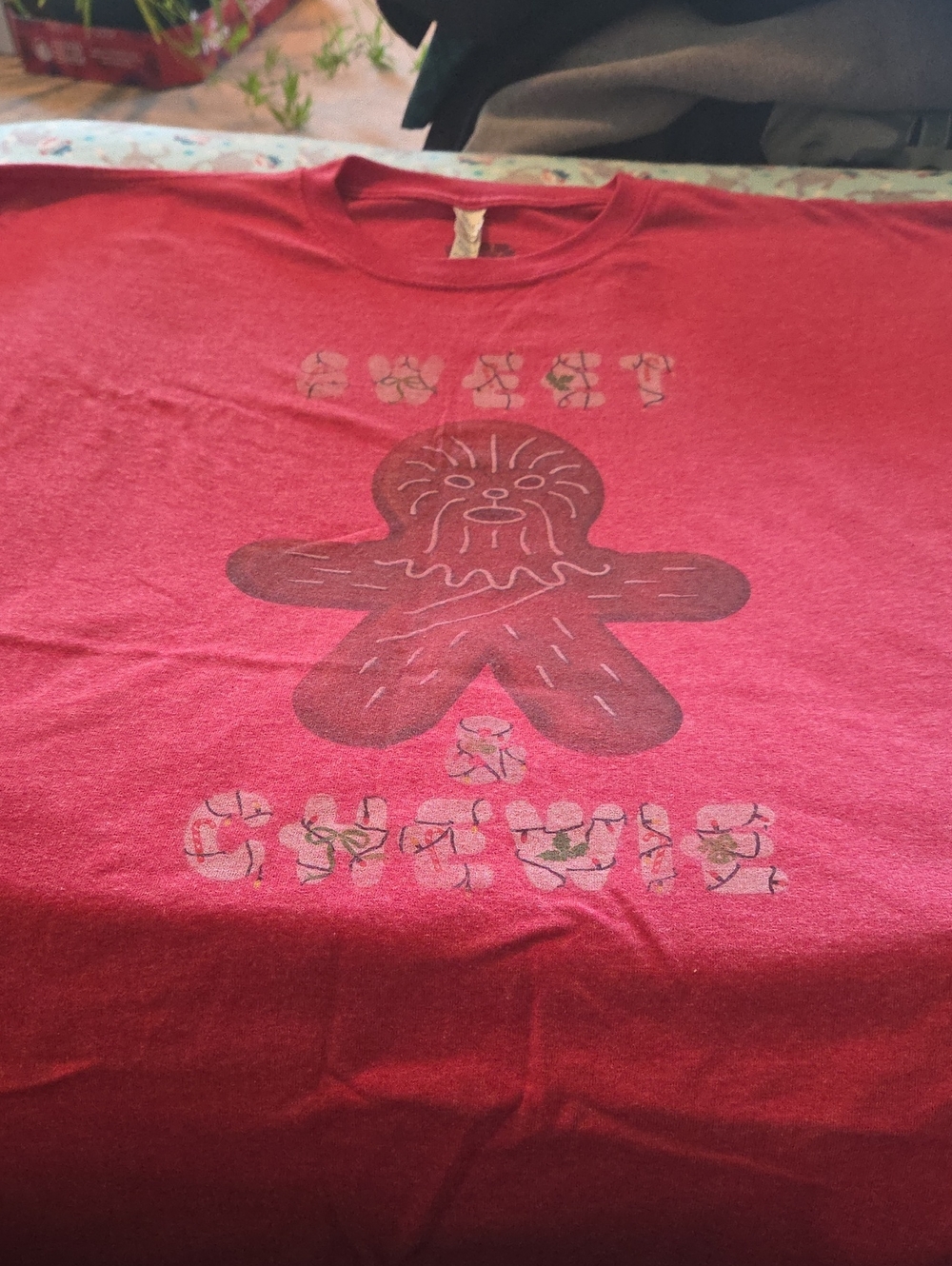 Red Graphic Men’s T-Shirt with Gingerbread Design "Sweet And Chewie" Christmas